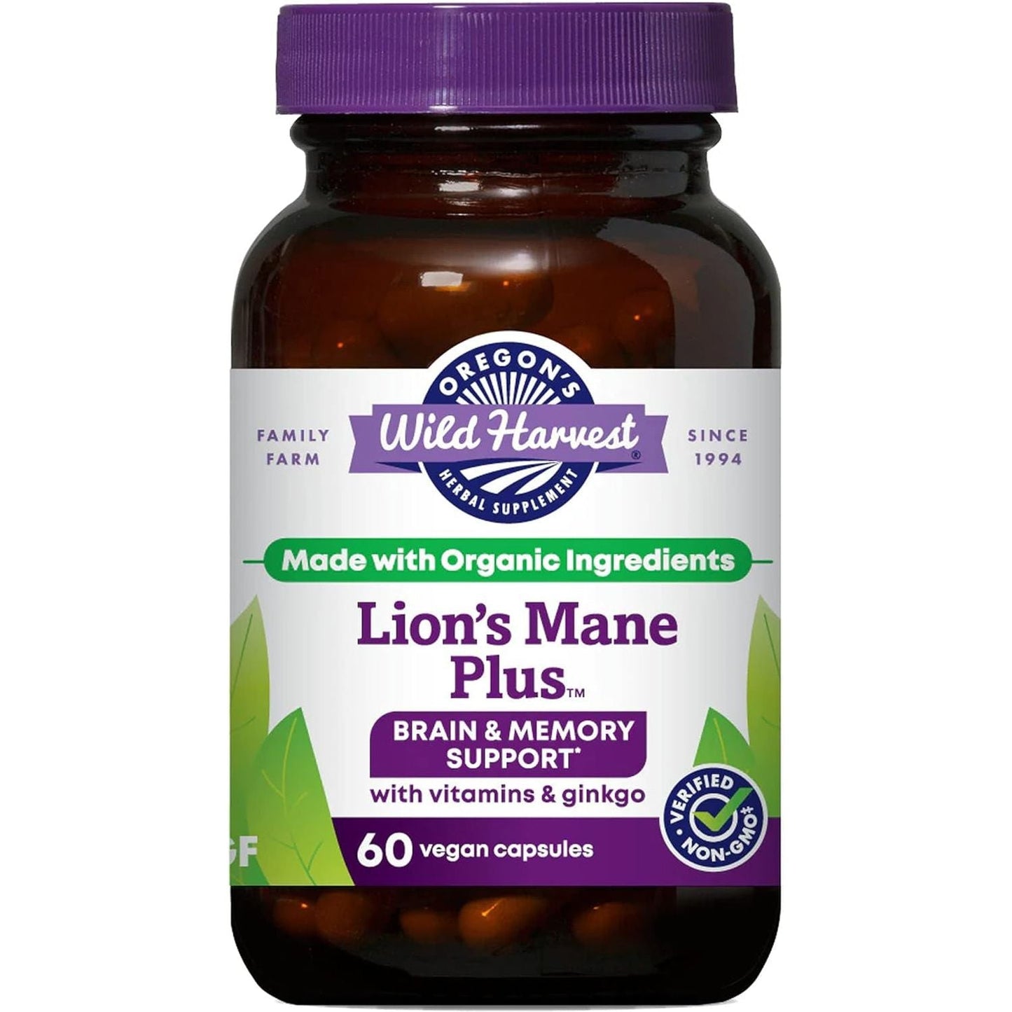 Oregon'S Wild Harvest Lion'S Mane plus Brain & Memory Support with Vitamins & Ginkgo, Organic, 60 Count