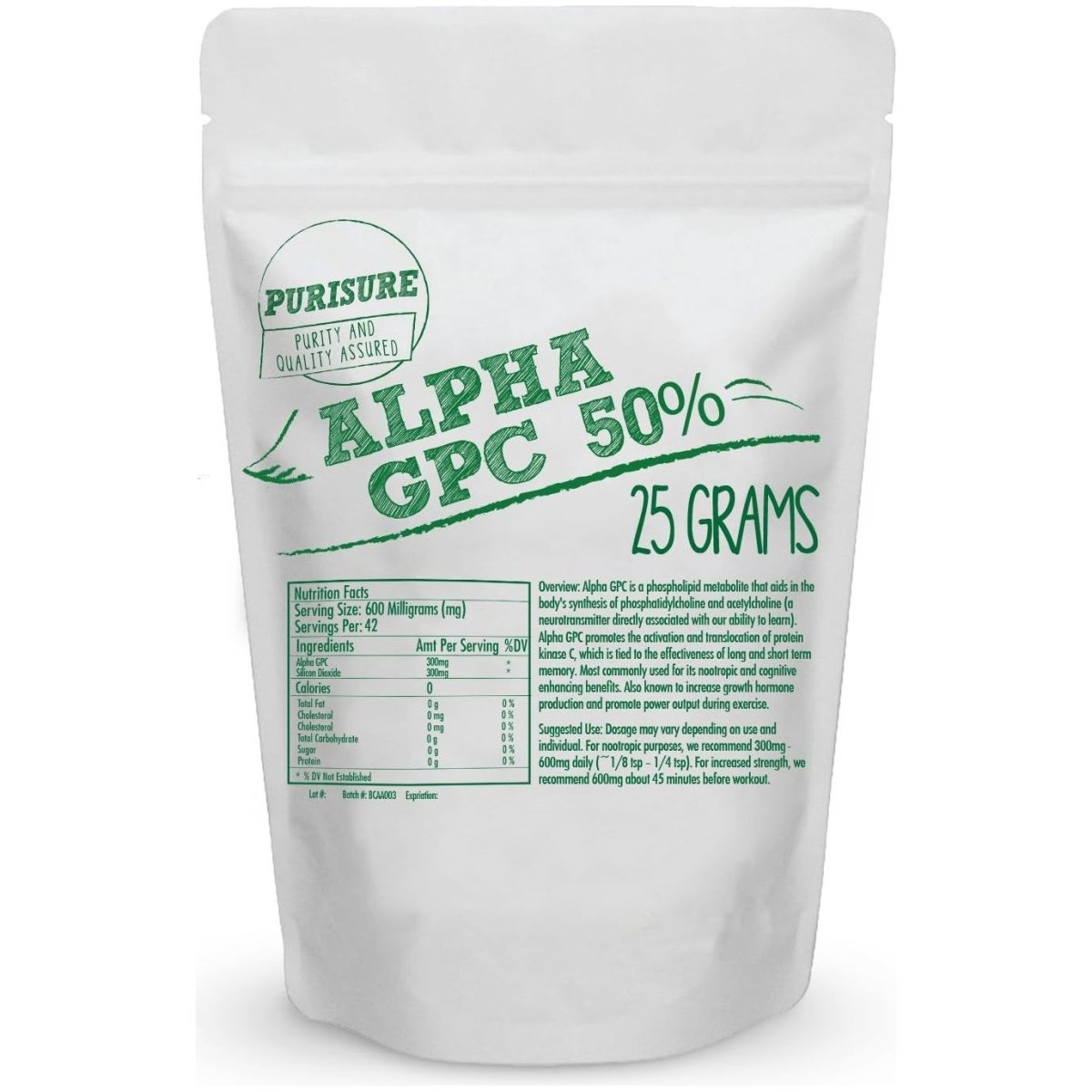 Alpha GPC 50% Powder, 25 G, Pure Alpha GPC Choline Supplement for Brain and Focus, 42 Servings - Suppviv