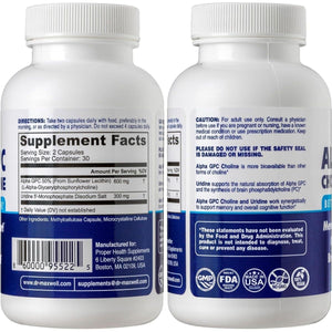 Alpha GPC 600Mg + Uridine, a Choline Enhancer. 60 Pills, Acetylcholine Precursor - Suppviv