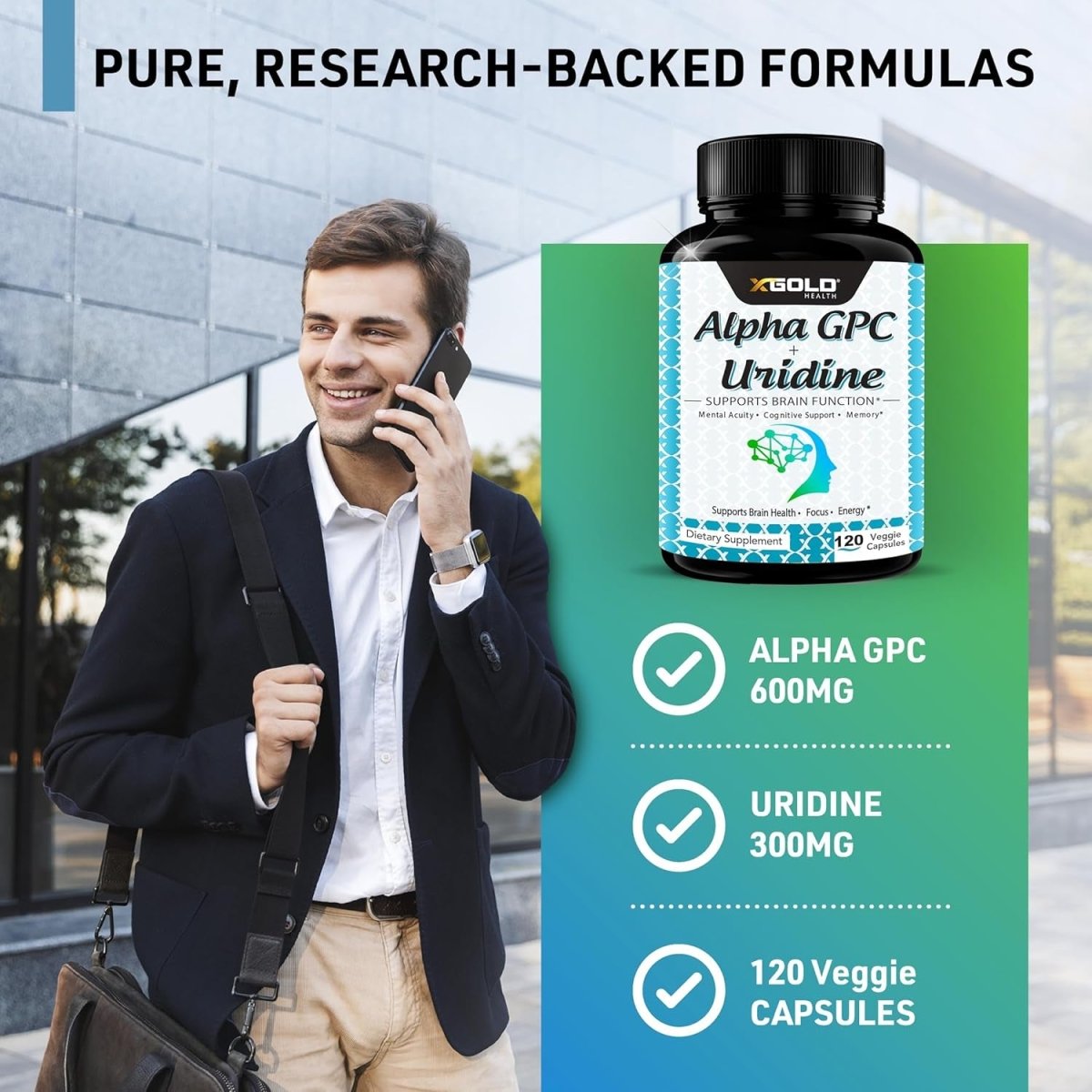 Alpha GPC Choline 600Mg + Uridine Monophosphate 300Mg - 2 - In - 1 Nootropic Supplement 120 Veggie Capsules - Suppviv
