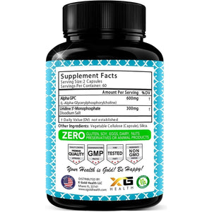 Alpha GPC Choline 600Mg + Uridine Monophosphate 300Mg - 2 - In - 1 Nootropic Supplement 120 Veggie Capsules - Suppviv