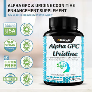 Alpha GPC Choline 600Mg + Uridine Monophosphate 300Mg - 2 - In - 1 Nootropic Supplement 120 Veggie Capsules - Suppviv