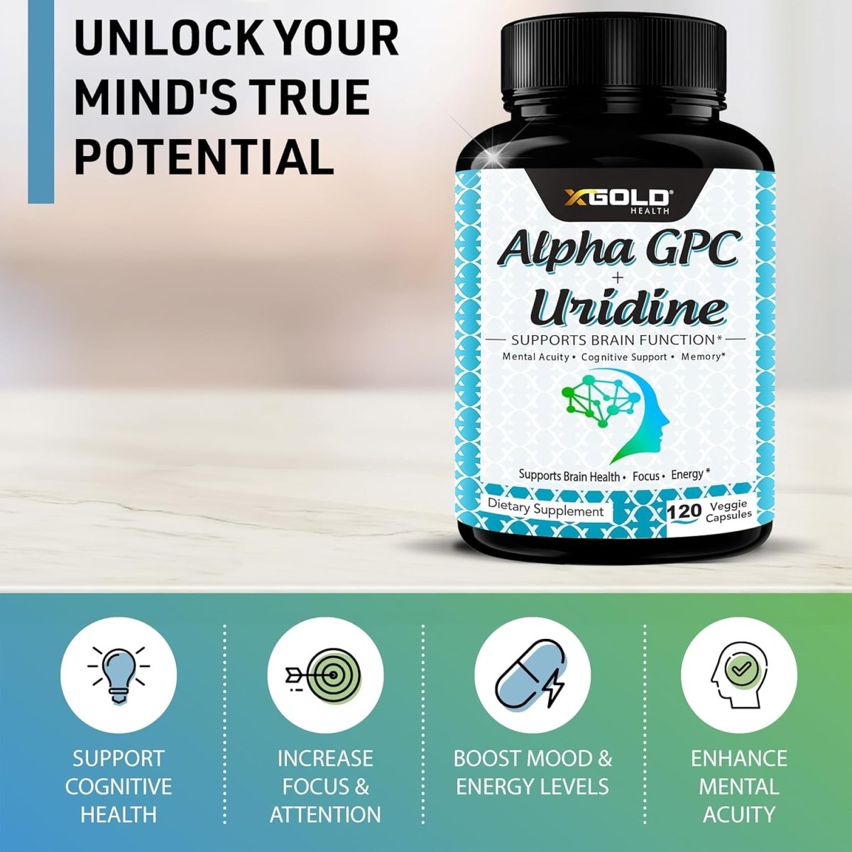 Alpha GPC Choline 600Mg + Uridine Monophosphate 300Mg - 2 - In - 1 Nootropic Supplement 120 Veggie Capsules - Suppviv