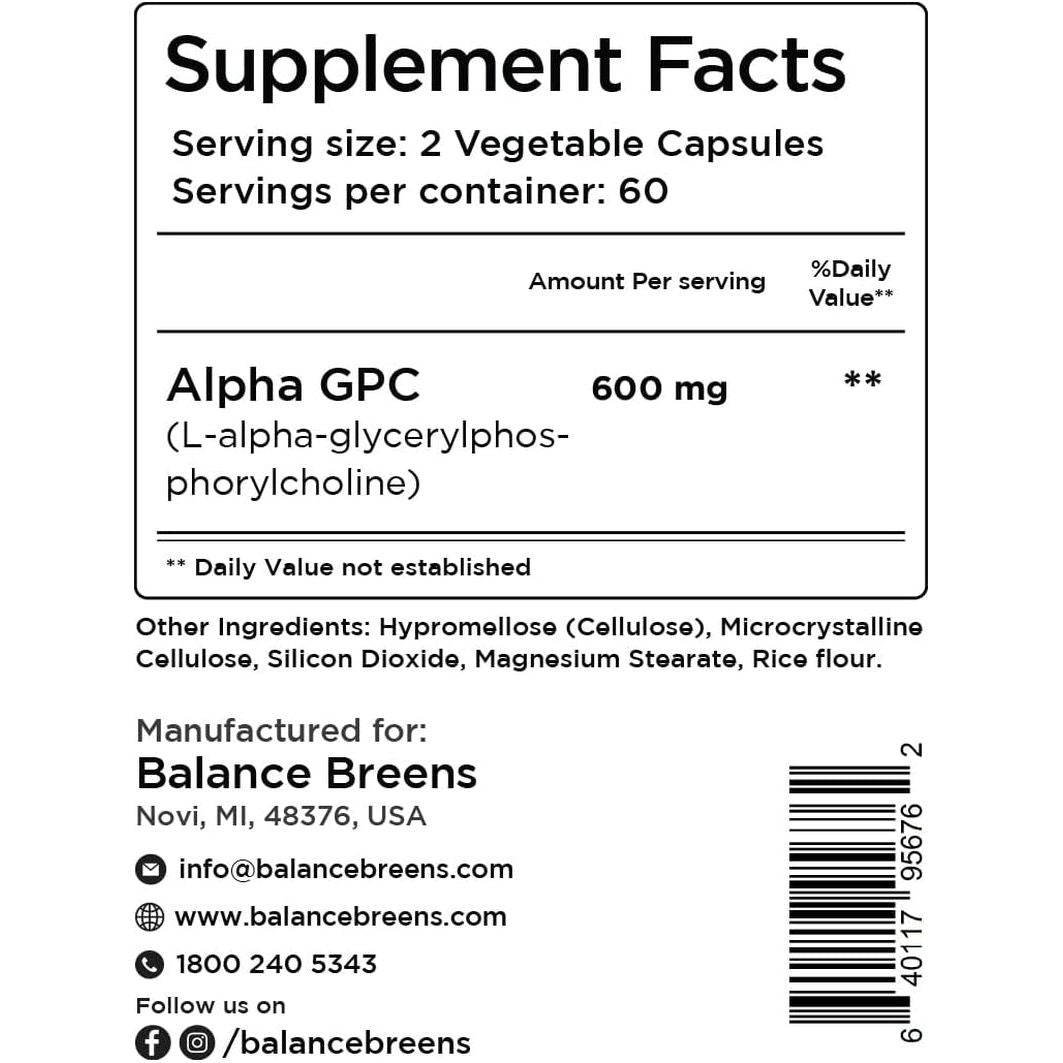 Alpha GPC Choline Supplement 600Mg – 120 Vegetable Capsules - Advanced Memory Formula, Nootropics Brain Support Supplement - Suppviv