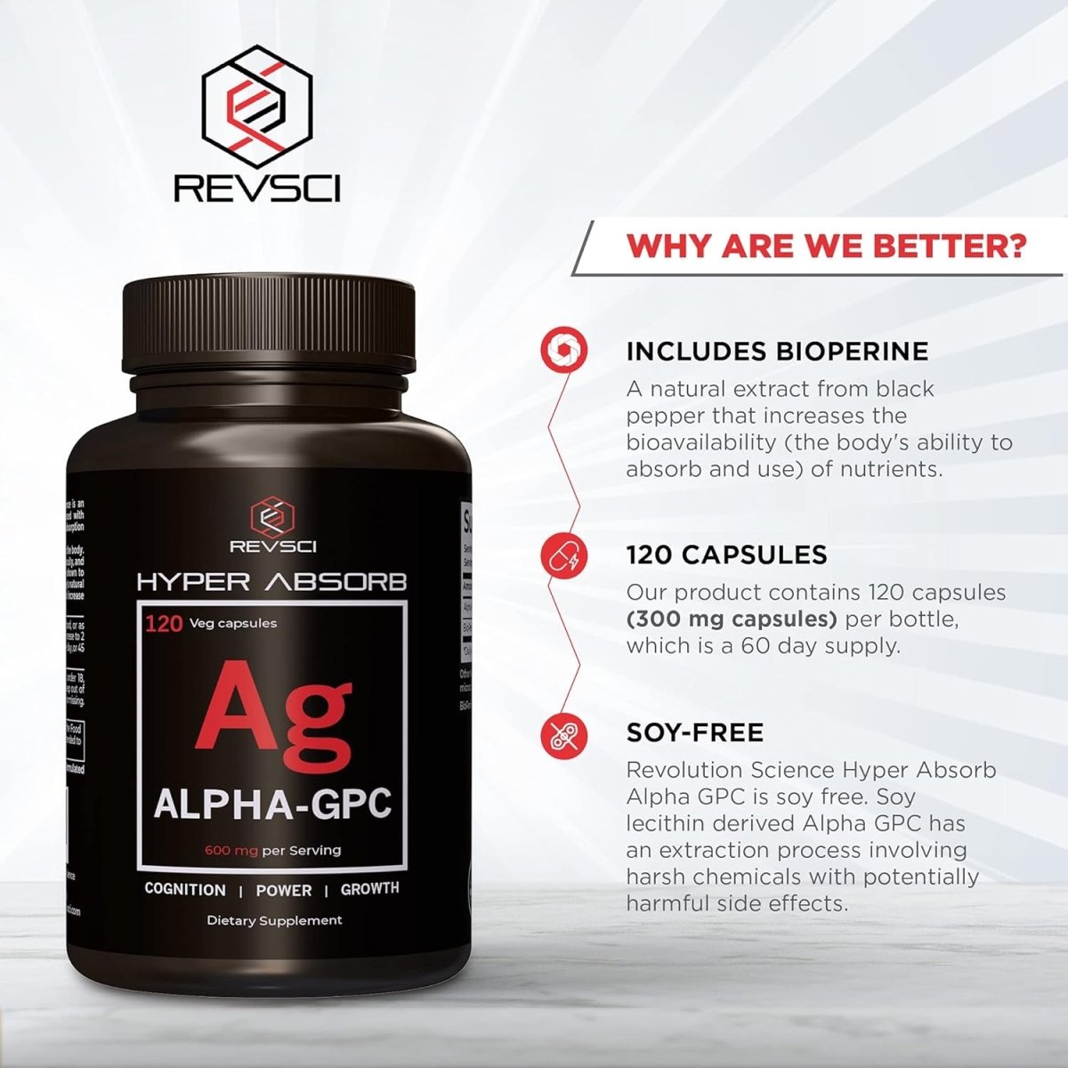 Alpha GPC Supplement & Bioperine for Hyper Absorption - 120 Count, 600Mg Serving - Nootropics for Memory, Focus, Energy, Motivation - Suppviv
