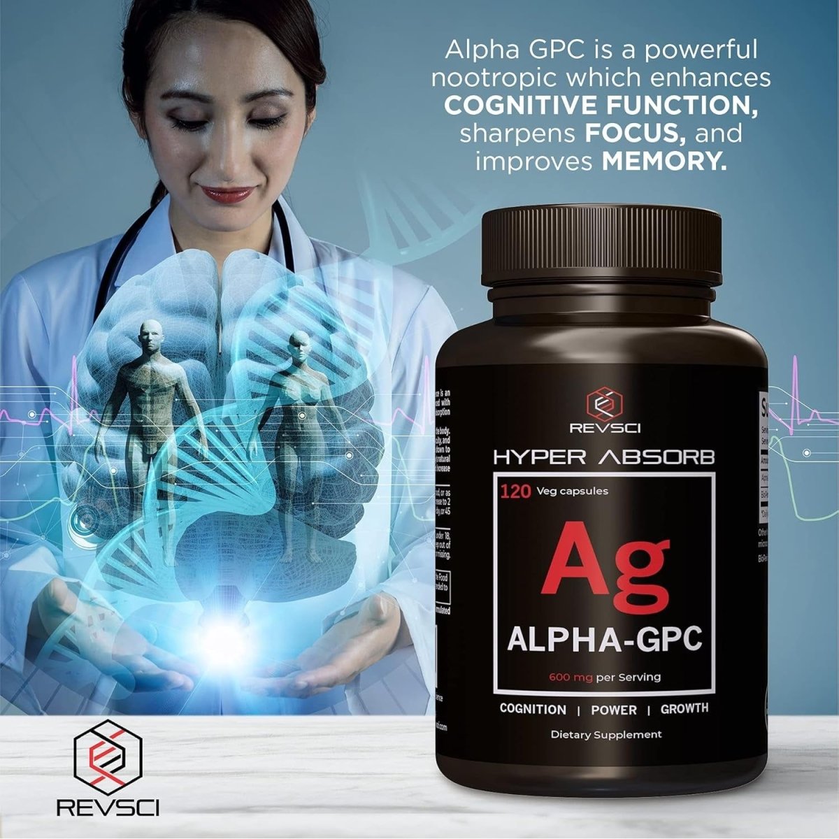 Alpha GPC Supplement & Bioperine for Hyper Absorption - 120 Count, 600Mg Serving - Nootropics for Memory, Focus, Energy, Motivation - Suppviv