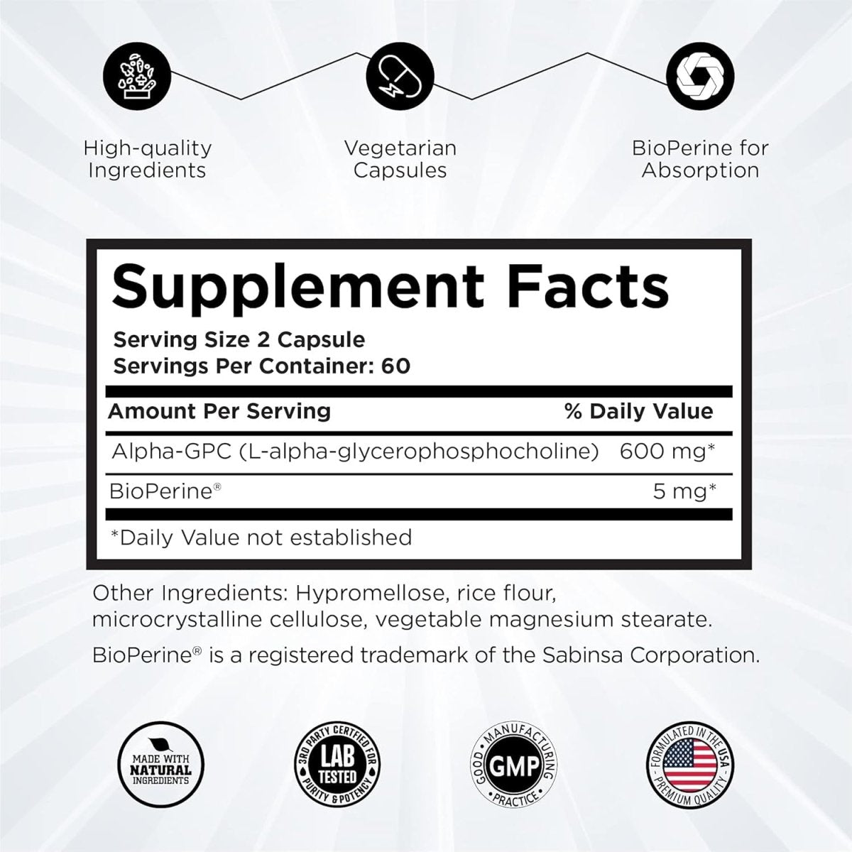 Alpha GPC Supplement & Bioperine for Hyper Absorption - 120 Count, 600Mg Serving - Nootropics for Memory, Focus, Energy, Motivation - Suppviv