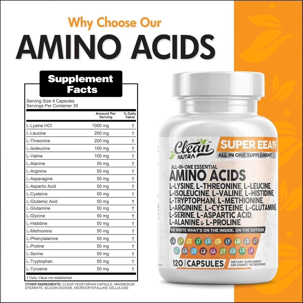 Amino Acids Supplement L - Lysine, L - Threonine, L - Leucine, Isoleucine, Valine, L - Histidine, L - Tryptophan, L - Methionine, L - Arginine, L - Cysteine, L - Glutamine, L - Serine, Aspartic Acid, Alanine, L - Proline - Suppviv