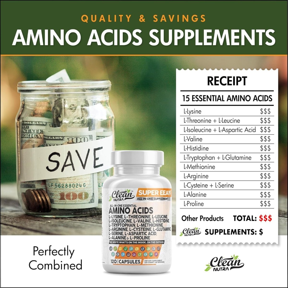 Amino Acids Supplement L - Lysine, L - Threonine, L - Leucine, Isoleucine, Valine, L - Histidine, L - Tryptophan, L - Methionine, L - Arginine, L - Cysteine, L - Glutamine, L - Serine, Aspartic Acid, Alanine, L - Proline - Suppviv
