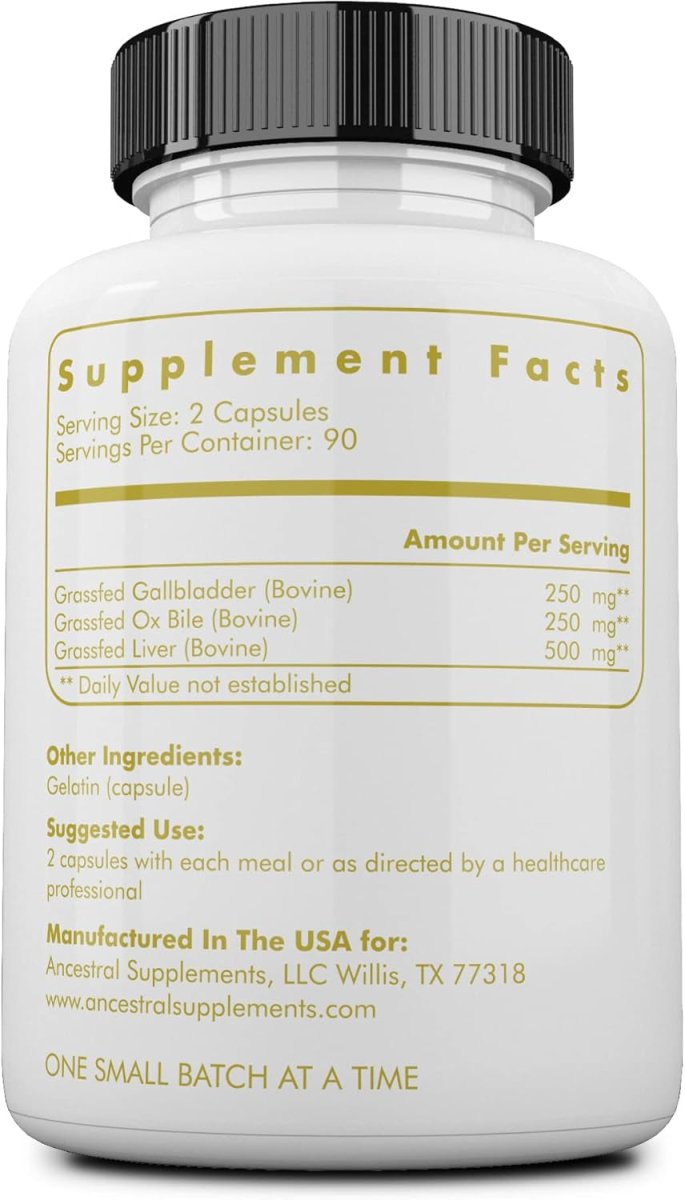 Ancestral Supplements Grass Fed Beef Gallbladder Supplements with Ox Bile and Liver, 180 Capsules - Suppviv