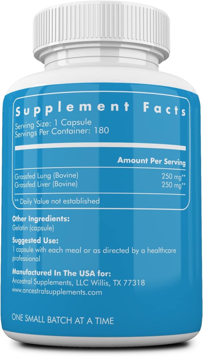 Ancestral Supplements Grass Fed Beef Lung Supplement 180 Capsules - Suppviv