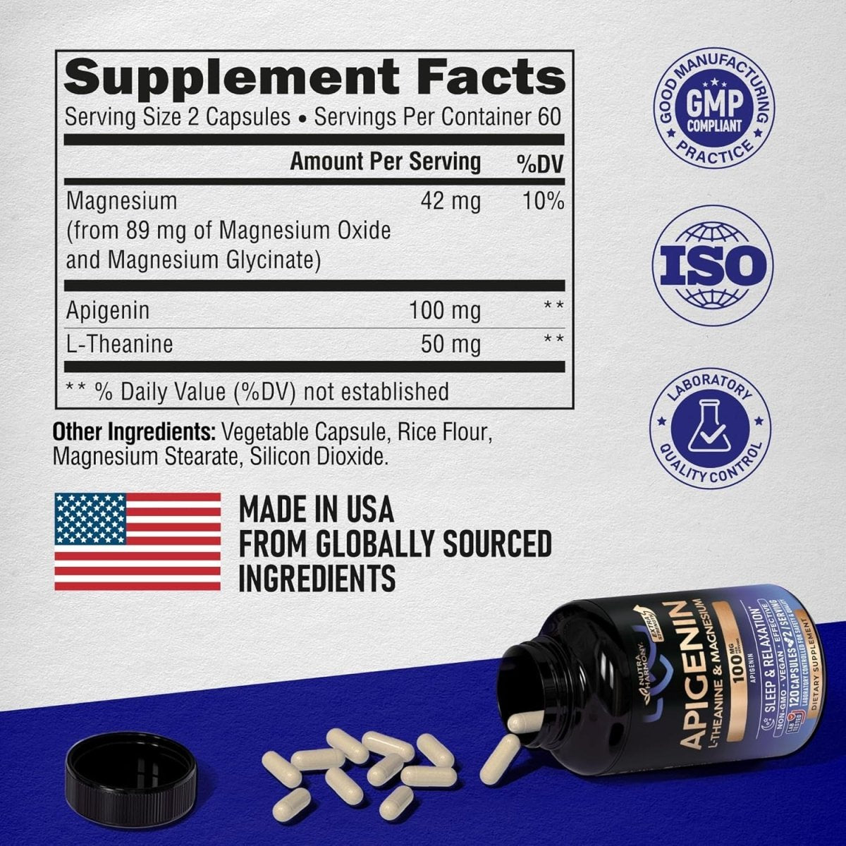 Apigenin 100Mg - for Sleep Support with L - Theanine & Magnesium 120 Capsules - Suppviv