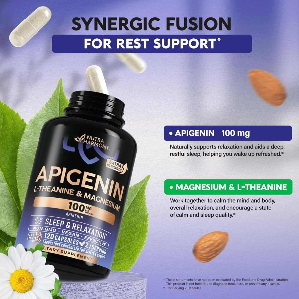 Apigenin 100Mg - for Sleep Support with L - Theanine & Magnesium 120 Capsules - Suppviv