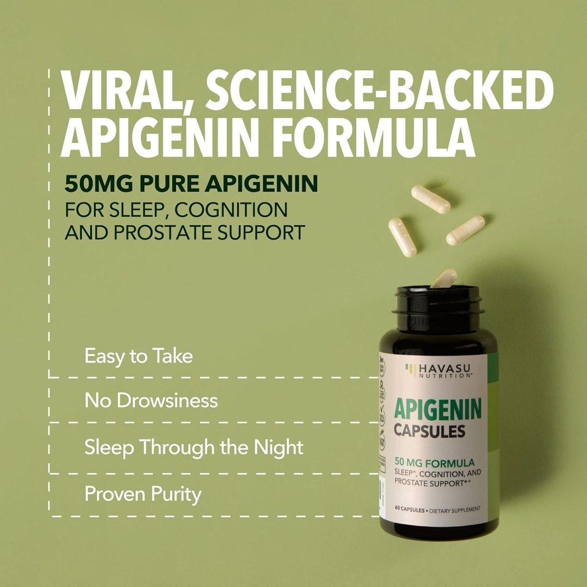 Apigenin Capsules 50Mg - 60 Count Sleep & Cognitive Support Supplement - Suppviv