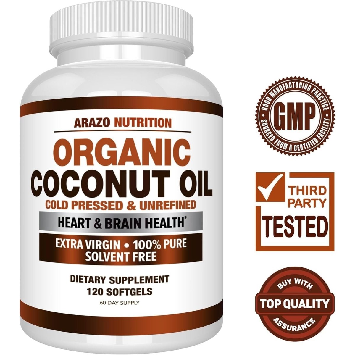 Arazo Nutrition Organic Coconut Oil 2000 MG - 100% Extra Virgin Unrefined Cold Pressed 120 Softgel Capsules - Suppviv
