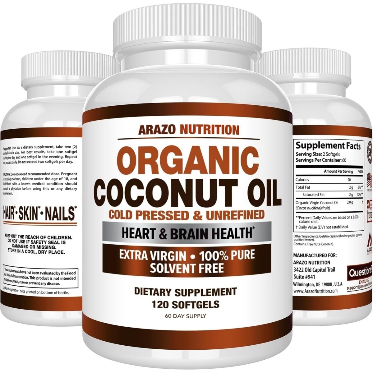 Arazo Nutrition Organic Coconut Oil 2000 MG - 100% Extra Virgin Unrefined Cold Pressed 120 Softgel Capsules - Suppviv