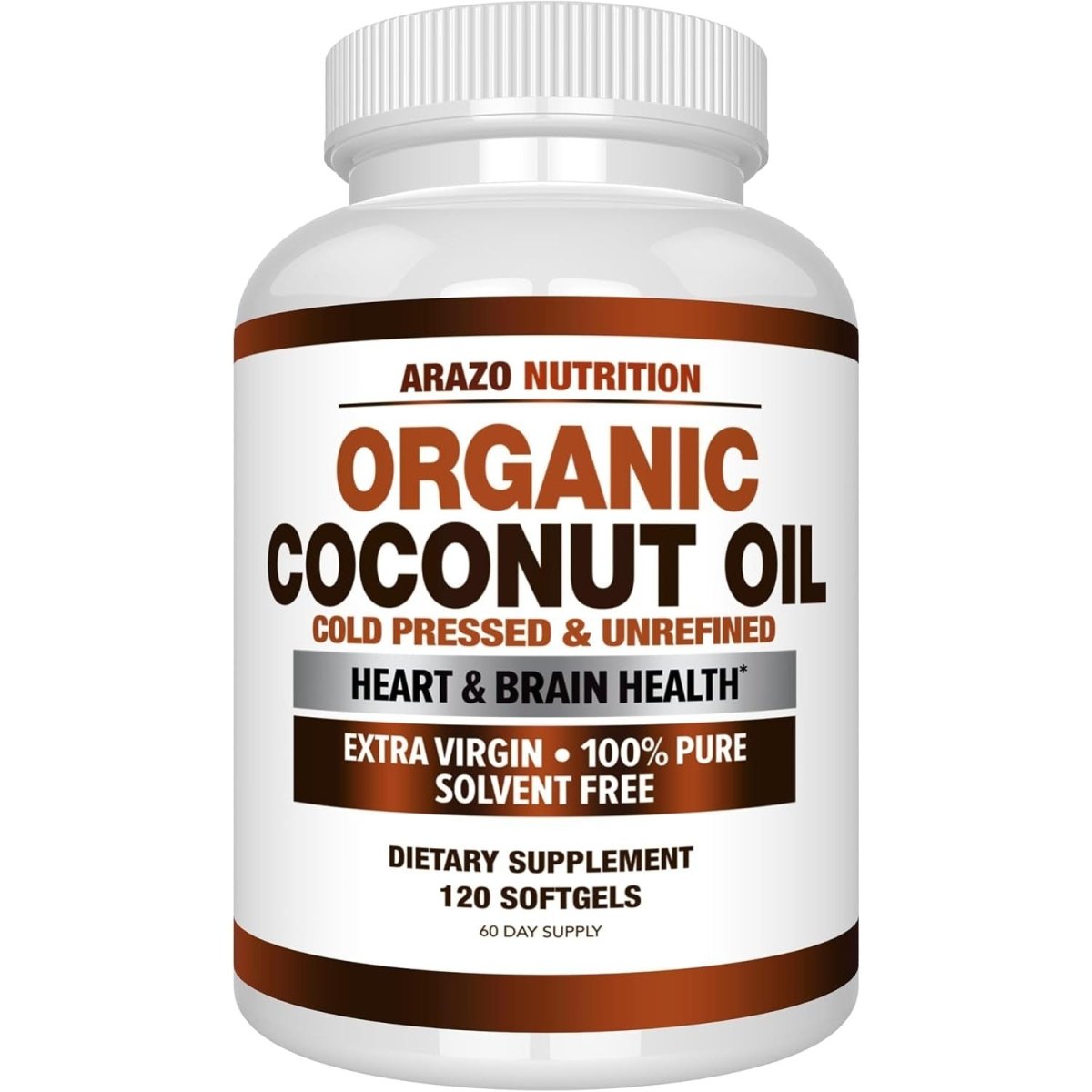Arazo Nutrition Organic Coconut Oil 2000 MG - 100% Extra Virgin Unrefined Cold Pressed 120 Softgel Capsules - Suppviv