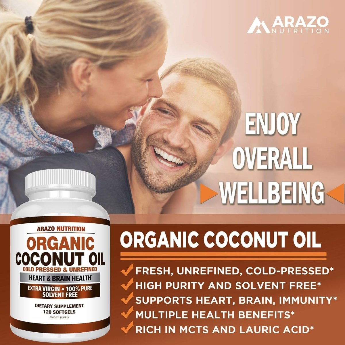 Arazo Nutrition Organic Coconut Oil 2000 MG - 100% Extra Virgin Unrefined Cold Pressed 120 Softgel Capsules - Suppviv