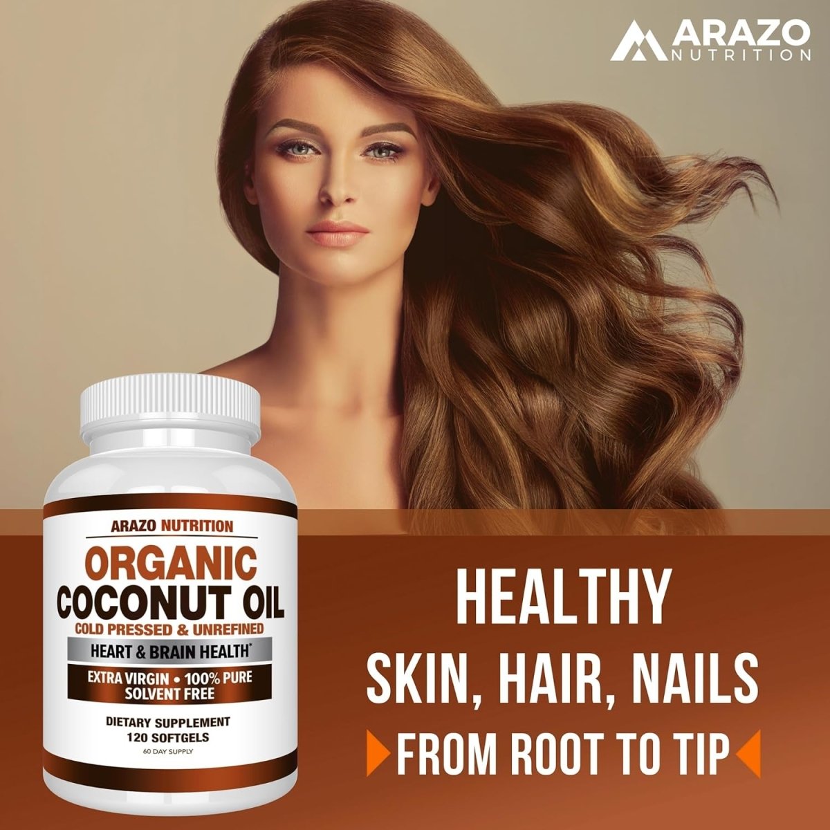 Arazo Nutrition Organic Coconut Oil 2000 MG - 100% Extra Virgin Unrefined Cold Pressed 120 Softgel Capsules - Suppviv