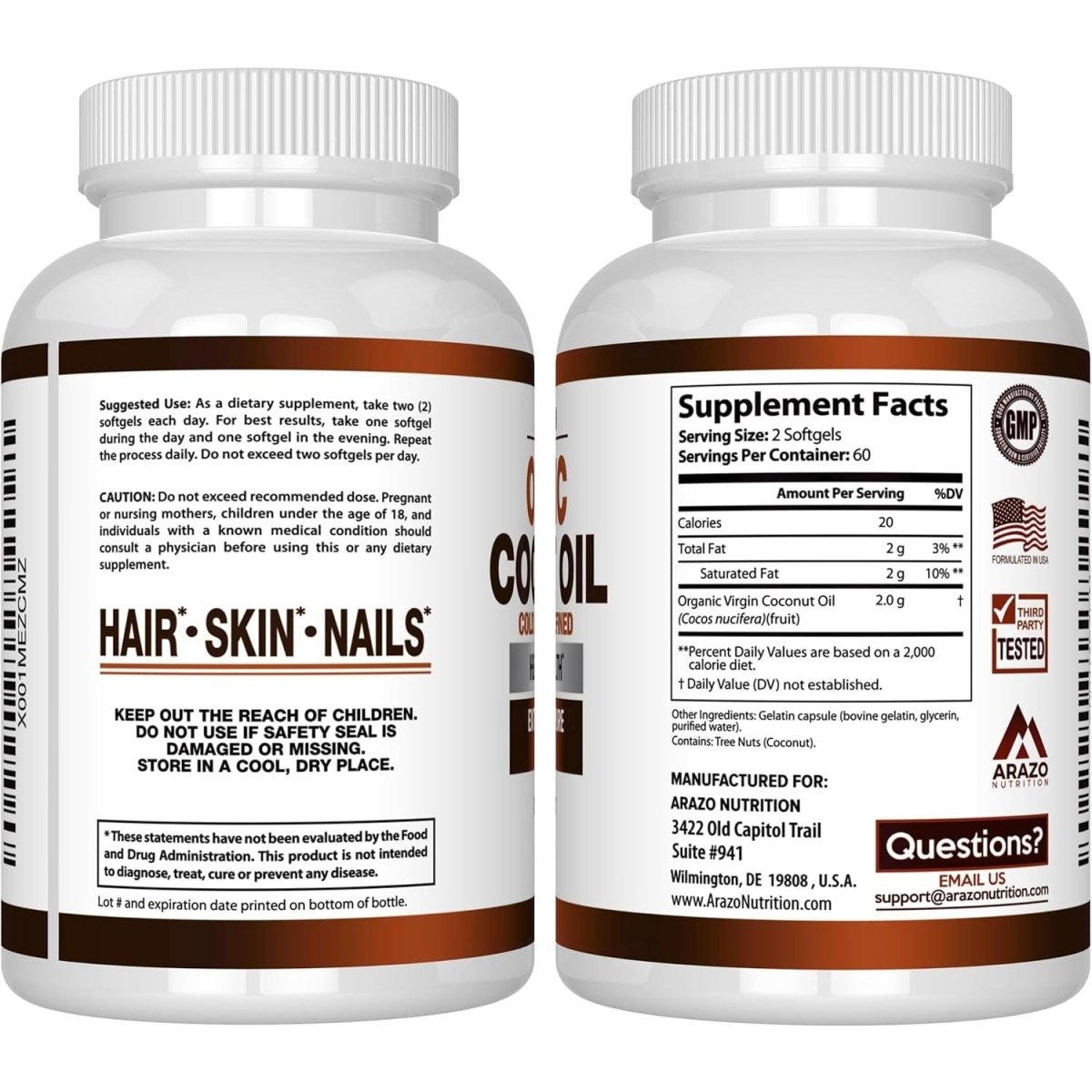 Arazo Nutrition Organic Coconut Oil 2000 MG - 100% Extra Virgin Unrefined Cold Pressed 120 Softgel Capsules - Suppviv