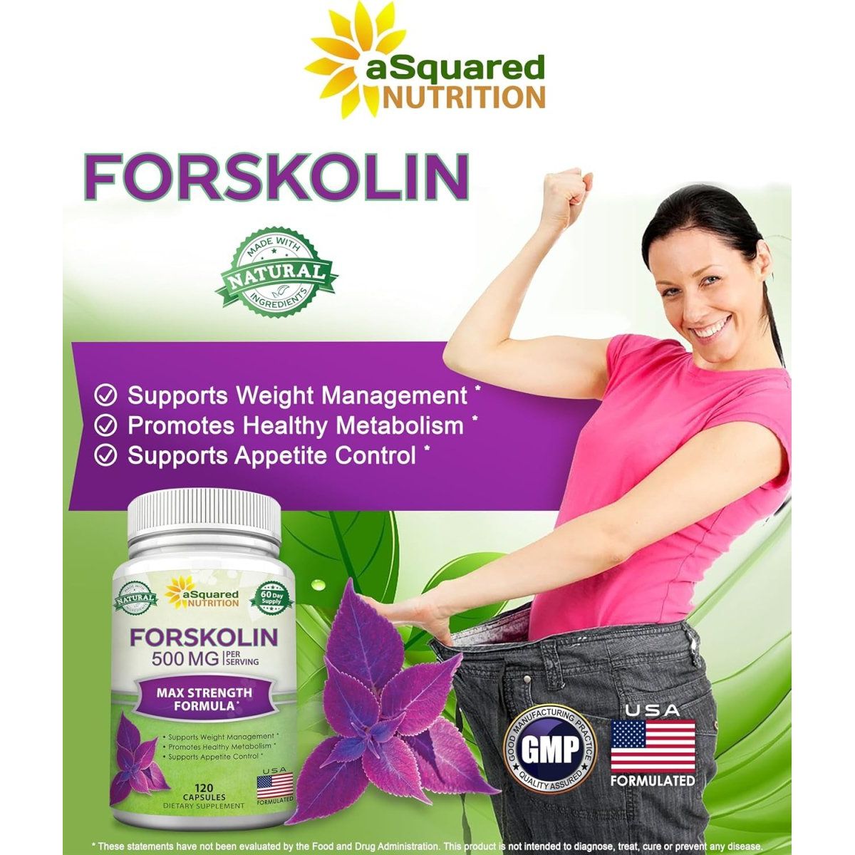 Asquared Nutrition Forskolin 500Mg Max Strength Natural Supplement for Pure Weight Loss Fuel - 120 Capsules - Suppviv