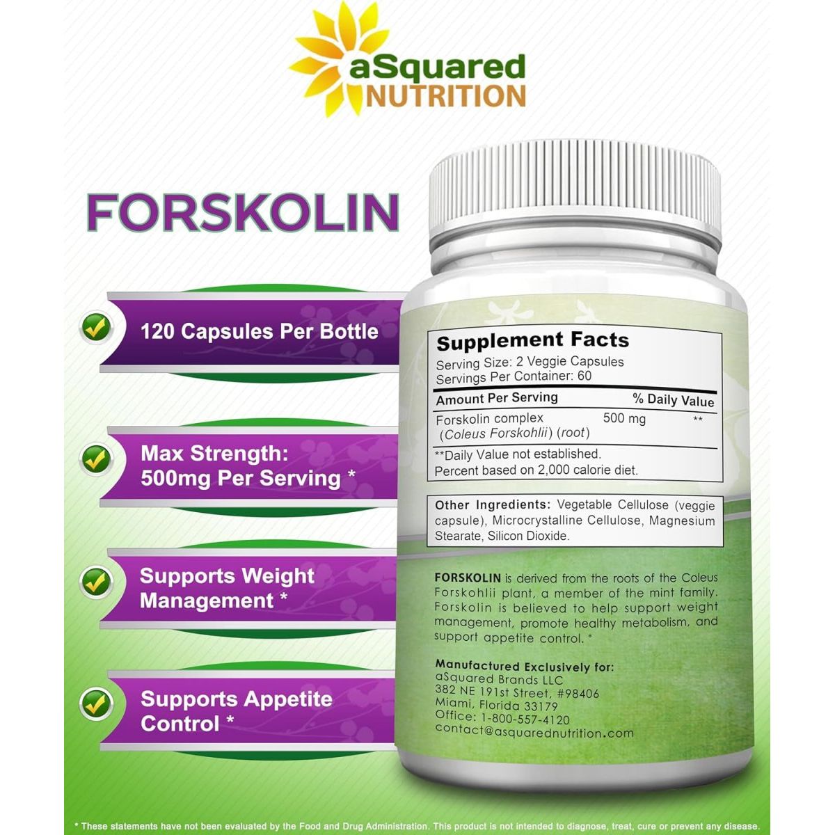 Asquared Nutrition Forskolin 500Mg Max Strength Natural Supplement for Pure Weight Loss Fuel - 120 Capsules - Suppviv