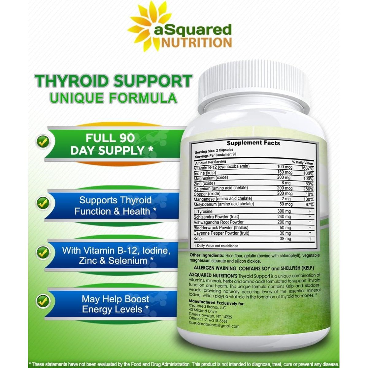 Asquared Nutrition Premium Thyroid Support Supplement with Iodine (180 Capsules) 1 PACK - Suppviv