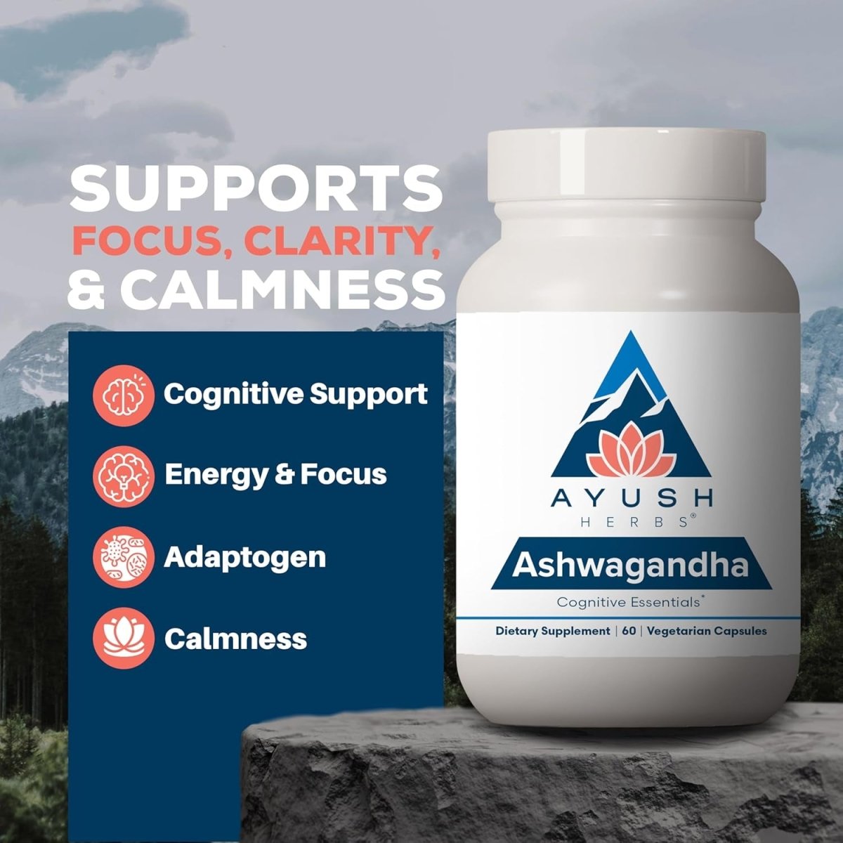 Ayush Herbs Ashwagandha Supplement, 500 Mg Ashwagandha Root Powder Extract 60 Capsules - Suppviv