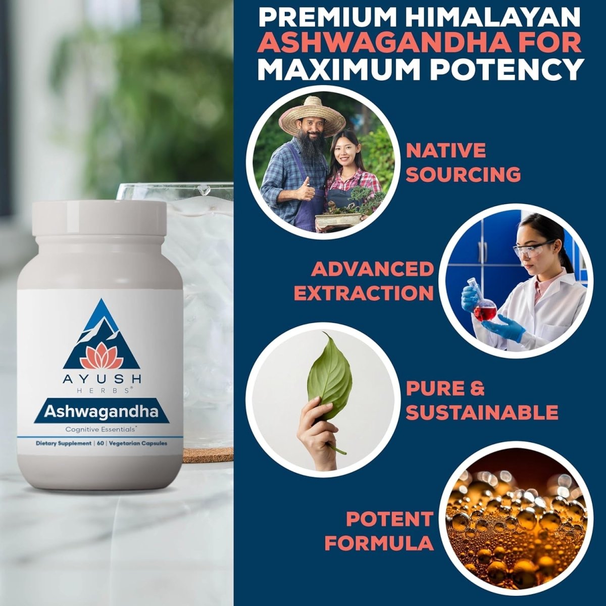 Ayush Herbs Ashwagandha Supplement, 500 Mg Ashwagandha Root Powder Extract 60 Capsules - Suppviv