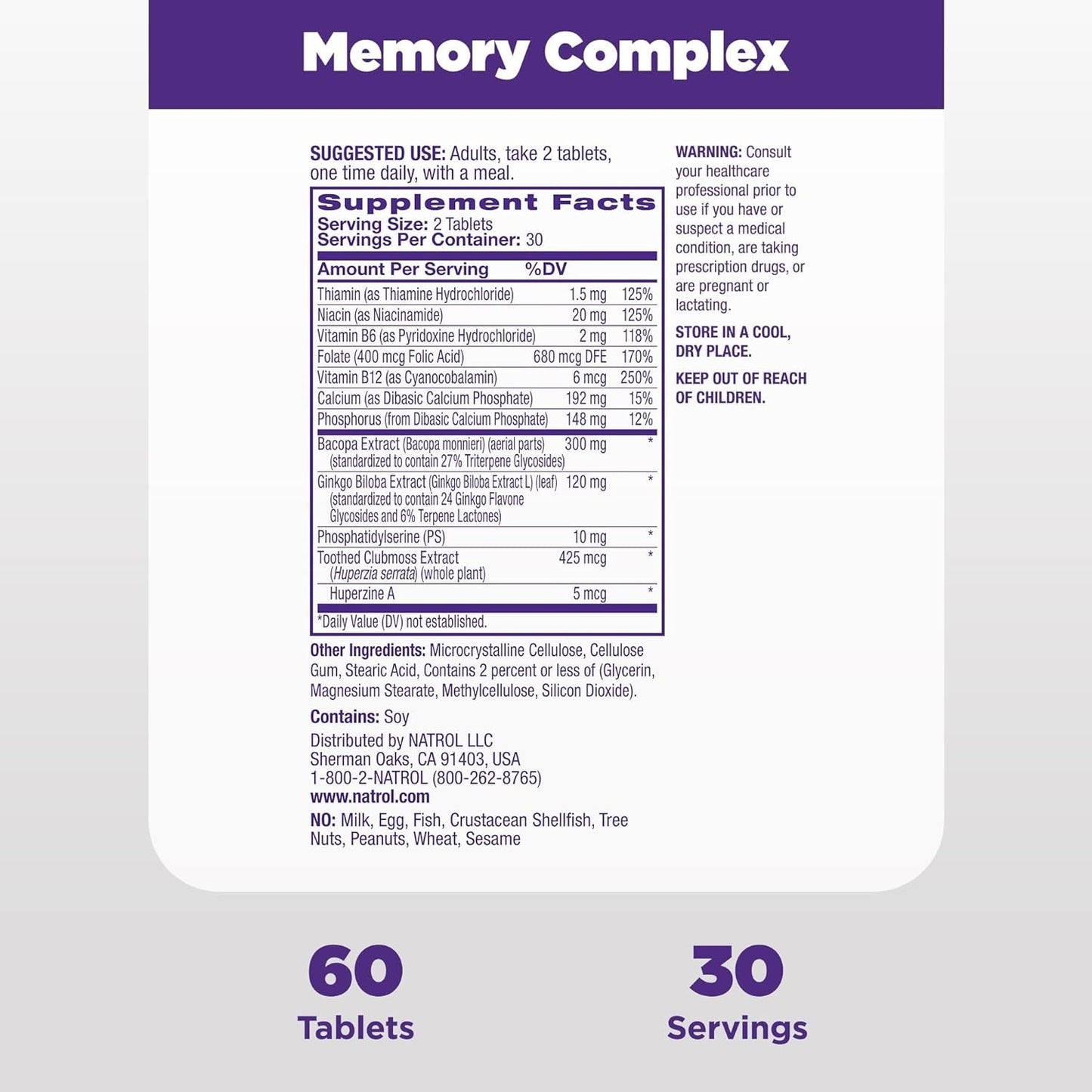 Natrol Memory Complex with Ginkgo Biloba 120Mg and B Vitamins for Brain Health and Memory Support, 60 Tablets