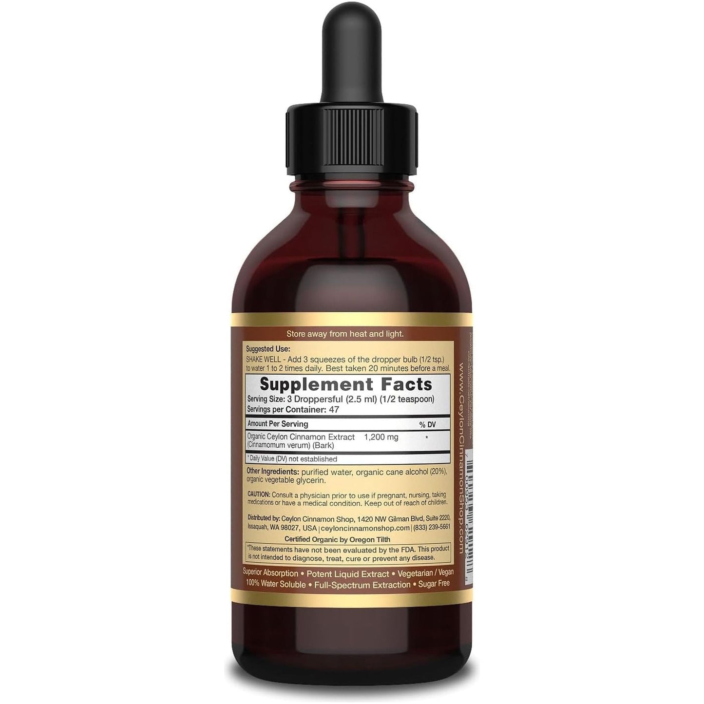 Cinnagold™ Organic Ceylon Cinnamon (100% Certified) Supplement, High-Potency Liquid Extract, 4 Oz. – Super Antioxidant