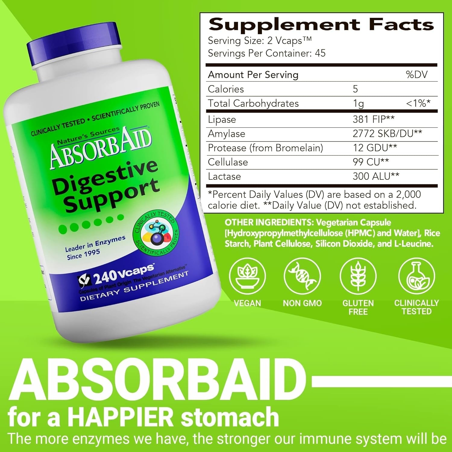 Absorbaid Digestive Enzymes 240 Vcaps, Proven to Increase Vital Nutrient Absorption by up to 71%