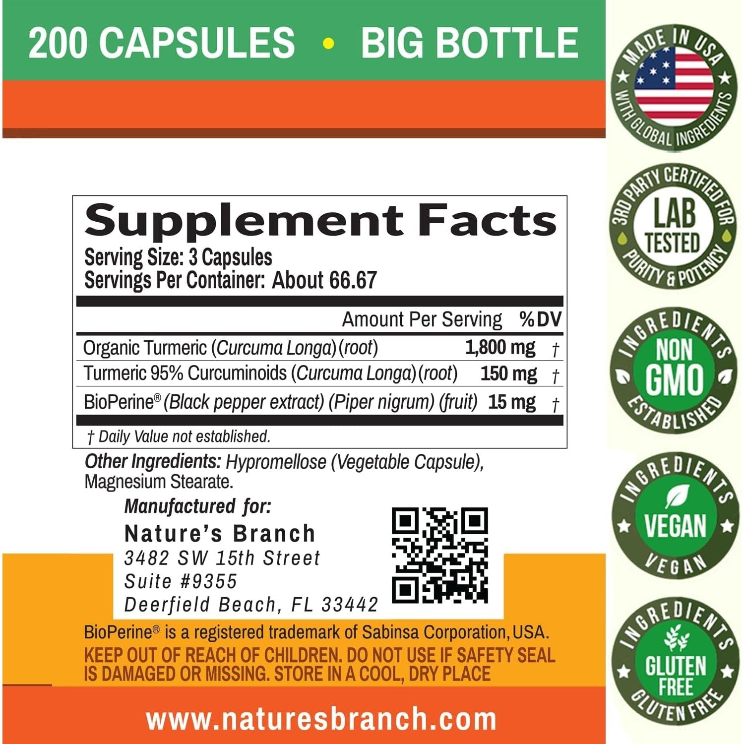 Turmeric Curcumin with Black Pepper Extract - Organic Powder - Joint Support Supplement, Made in USA - (200 Capsules/1965Mg )