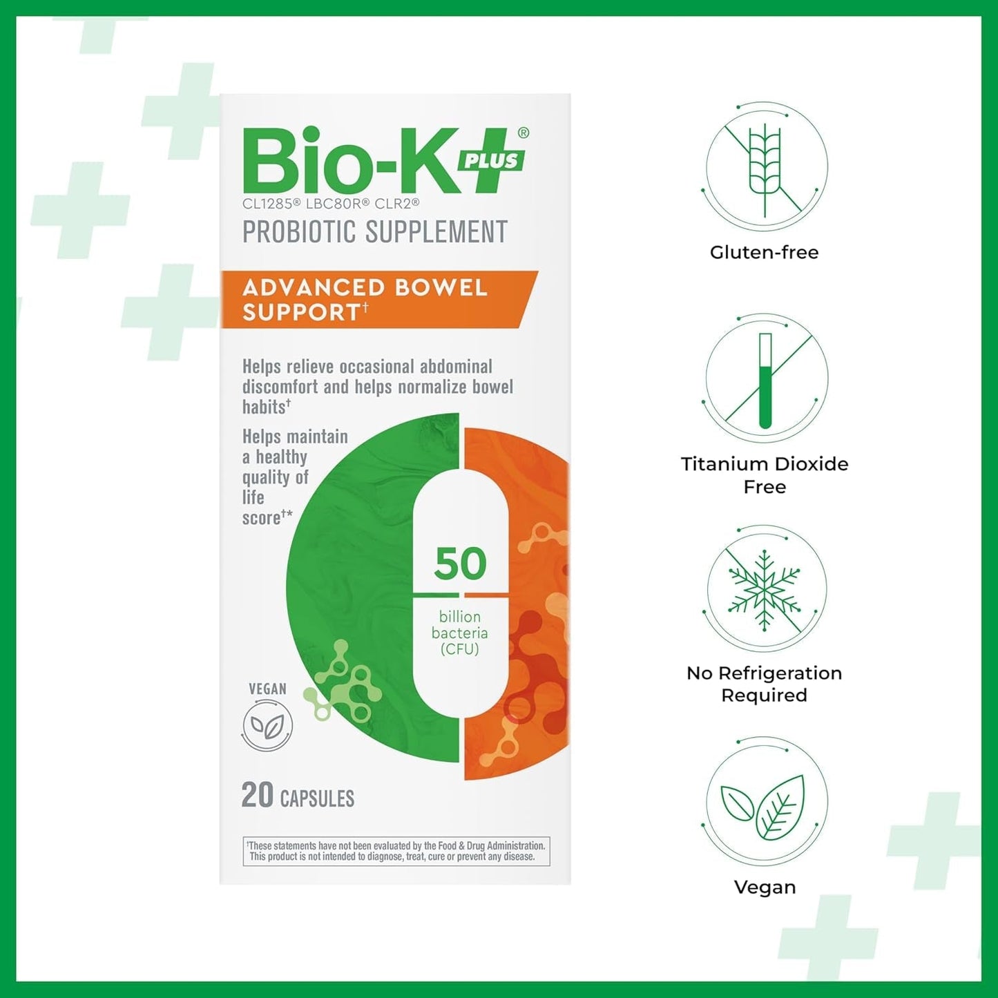 Bio K+ Advanced Bowel Support – Vegan Probiotic Supplement for Digestion Support 50 Billion CFU 3 Strains – 20 Capsules