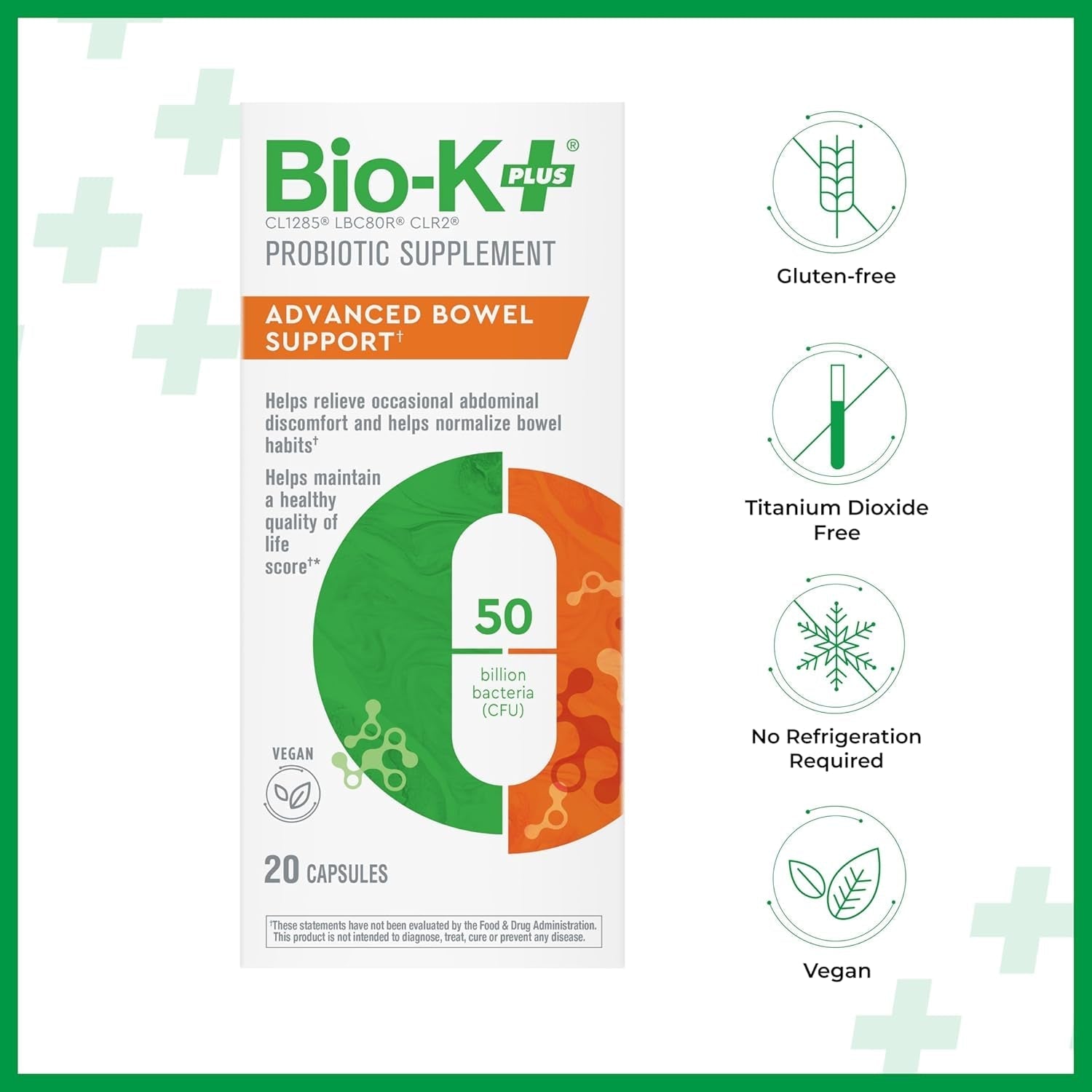 Bio K+ Advanced Bowel Support – Vegan Probiotic Supplement for Digestion Support 50 Billion CFU 3 Strains – 20 Capsules