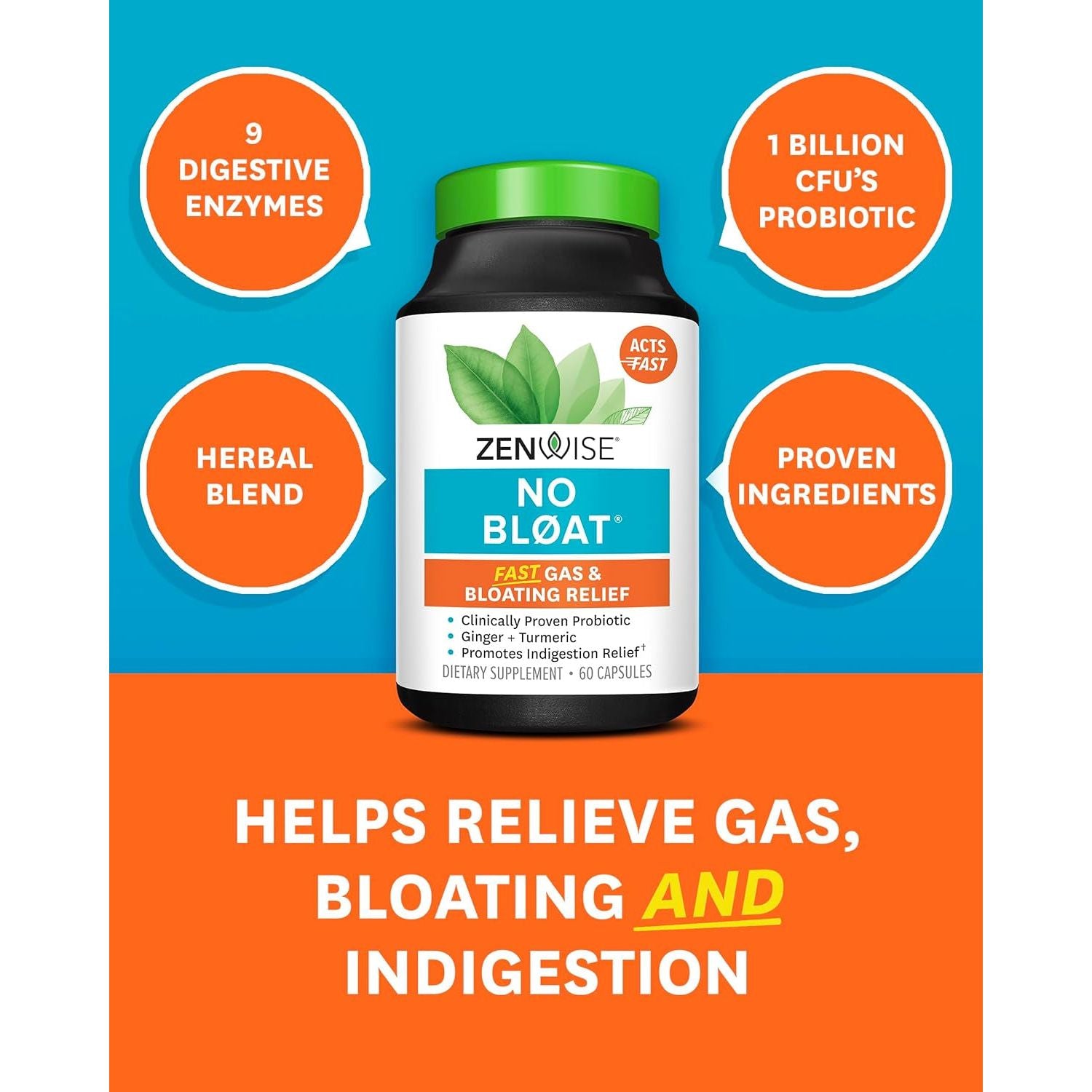Zenwise Health NO Bloat Probiotics for Women and Men Digestive Health  60 Count