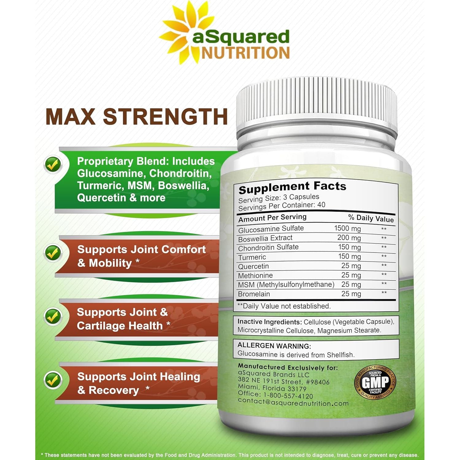 Asquared Nutrition Glucosamine Chondroitin Turmeric MSM Boswellia - 120 Capsules 