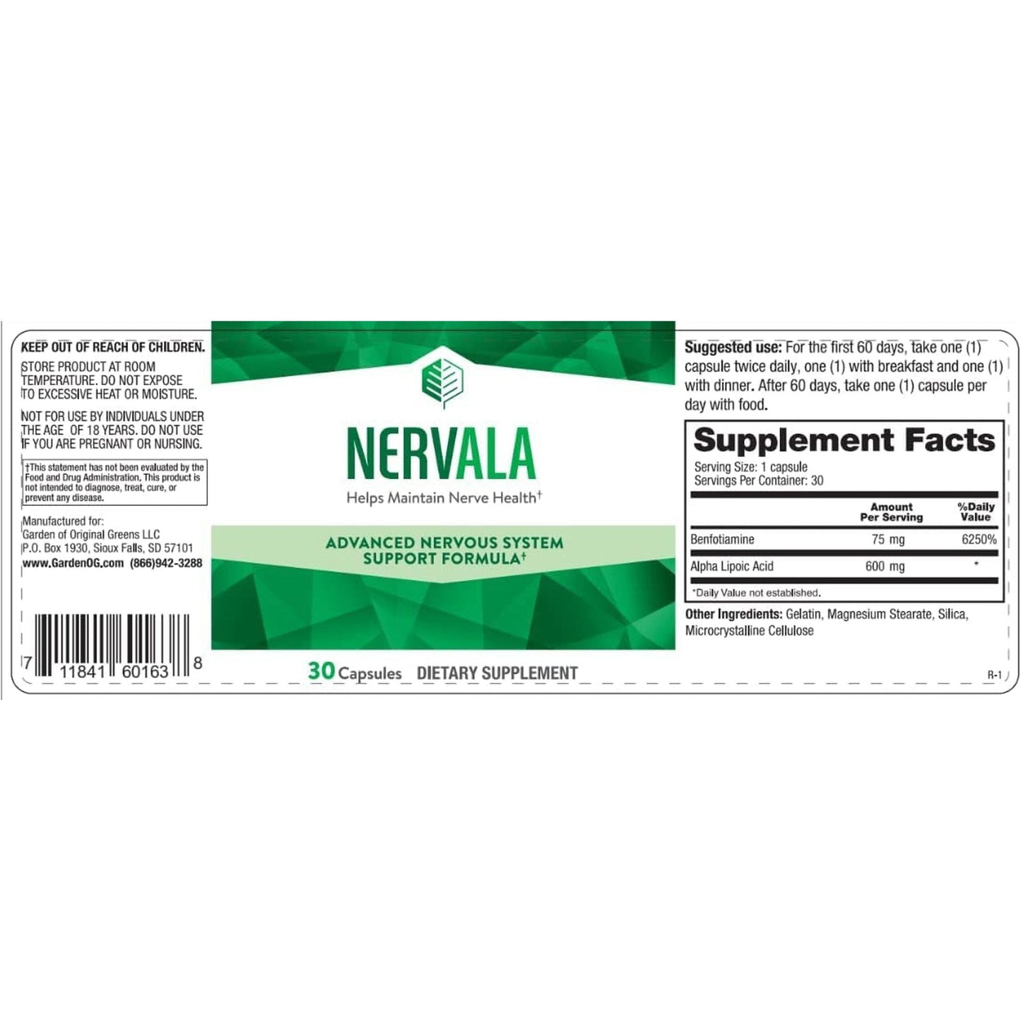 Nervala - Advanced Nerve Support Formula with Alpha Lipoic Acid 600Mg, Vitamin B 1 or Benfotiamine 75Mg - 30 Capsules 