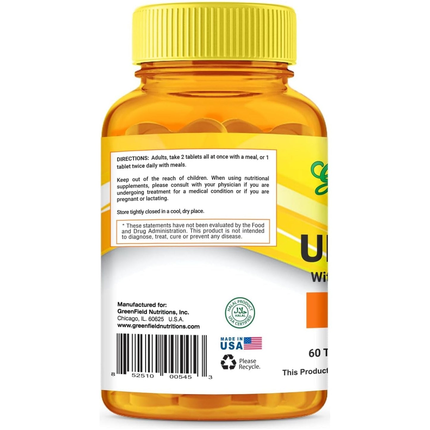 Greenfield Nutritions Ultra Joint Halal Vitamins - Glucosamine Chondroitin/Msm with Turmeric, Collagen, Vitamin C, and Manganese 60 Halal Tablets