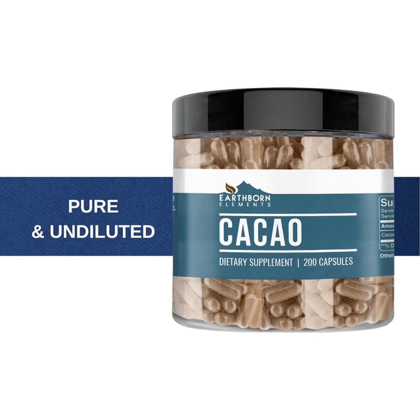 Earthborn Elements Cacao (Cocoa) 200 Capsules, Pure & Undiluted, No Additives