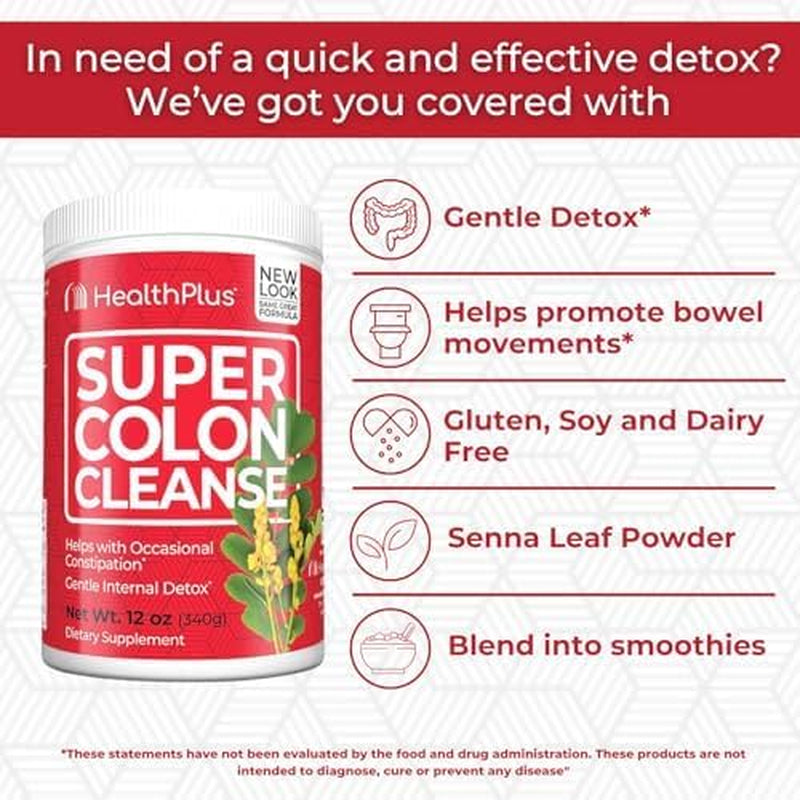 Health plus Super Colon Cleanse - Natural Detox, Digestive Constipation Relief - 12 Oz Powder, 68 Servings