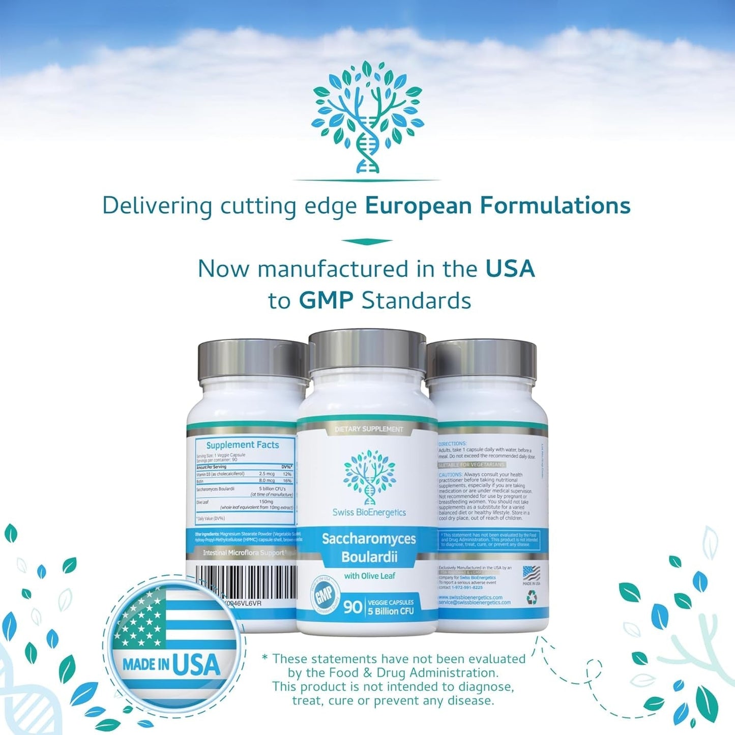 Saccharomyces Boulardii 5 Billion CFU - High Strength Non-Colonising Yeast with Synergistic Olive Leaf, Biotin and Vitamin D3 90 Capsules