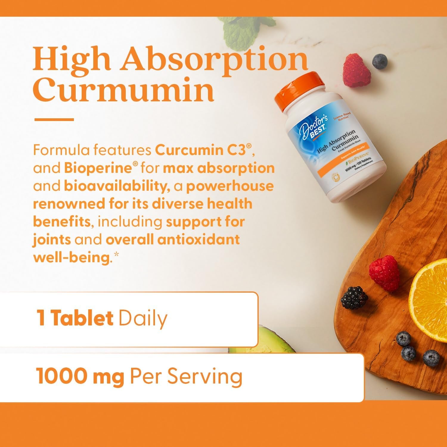 Doctor'S Best Curcumin from Turmeric Root with C3 Complex & Bioperine for Joint Support 1000 Mg, 120 Tablets