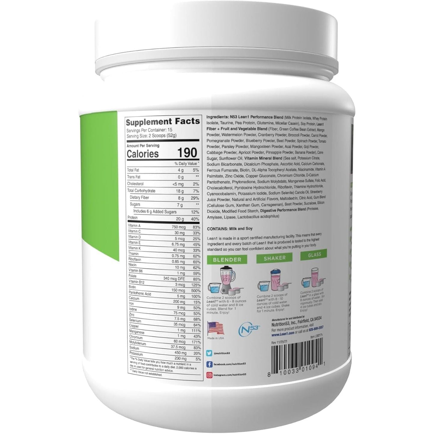 Nutrition 53 Lean 1 Meal Replacement Powder for Weight Loss & Fat Burner (15 Servings)