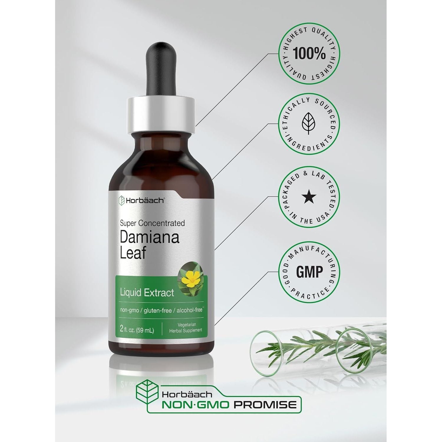 Horbäach Damiana Leaf Herb Tincture | 2 Fl Oz | Vegetarian, Non-Gmo & Gluten Free Herbal Supplement