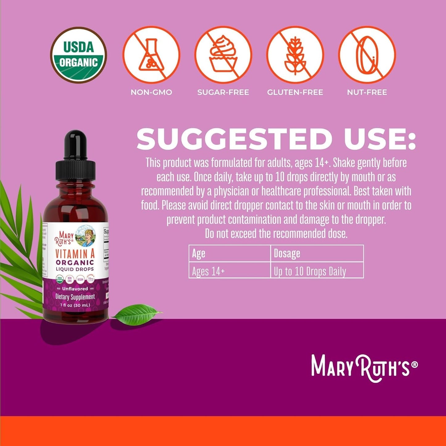 Maryruth Organics USDA Organic Vitamin A Liquid Drops for Immune Support, Eye Health, Skin Health for Ages 14+ | 3 Month Supply/10z