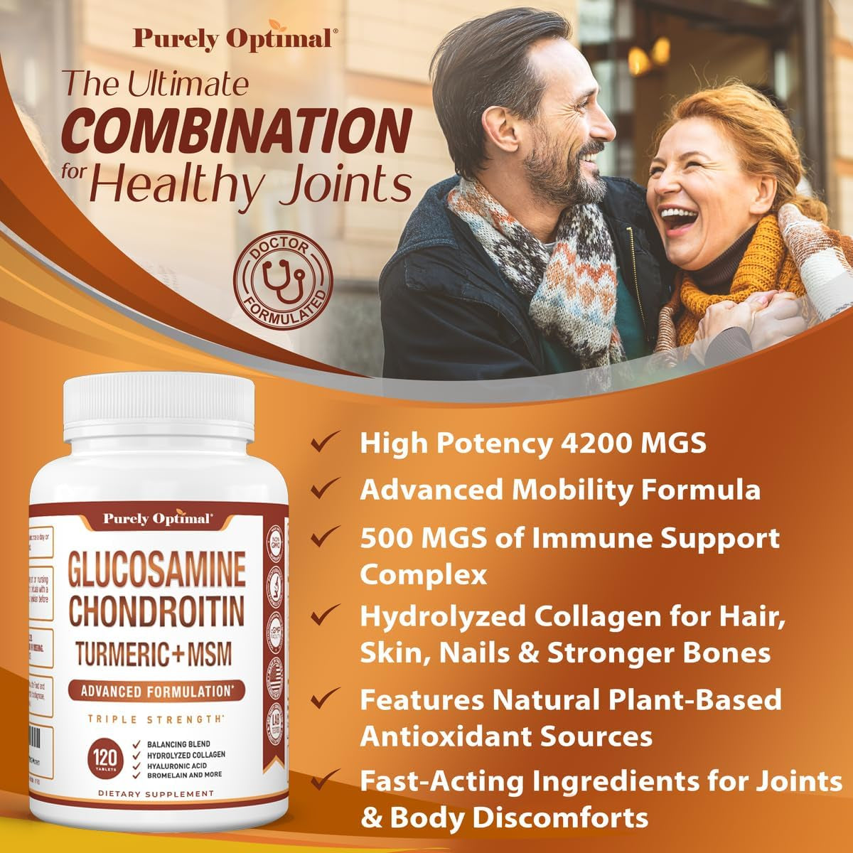 Purely Optimal Glucosamine Chondroitin MSM Supplement W/Turmeric & Boswellia - Joint Supplement - 120 Tablets