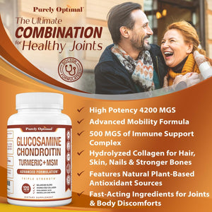 Purely Optimal Glucosamine Chondroitin MSM Supplement W/Turmeric & Boswellia - Joint Supplement - 120 Tablets
