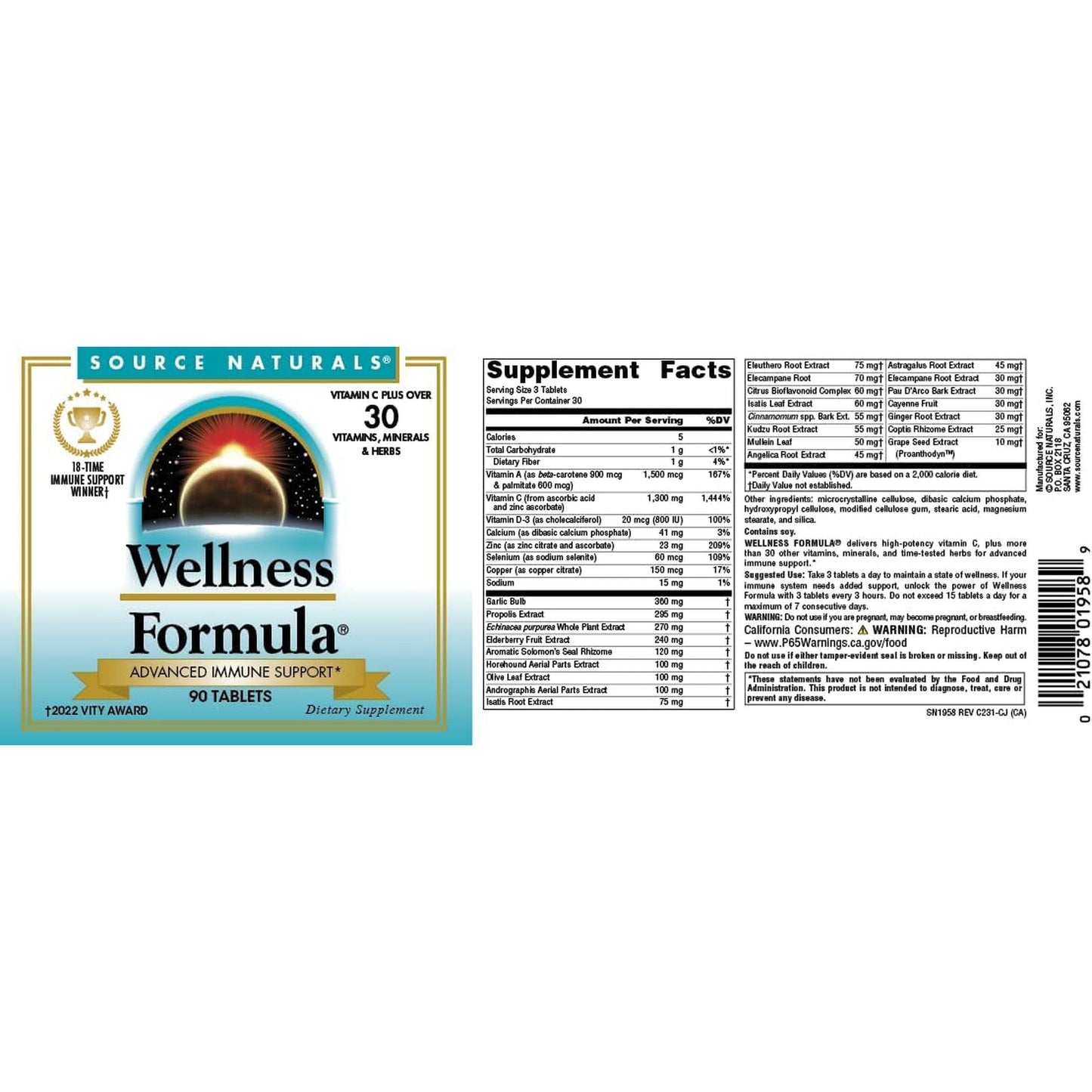 Source Naturals Wellness Formula Bio-Aligned Vitamins & Herbal Defense - Immune System Support Supplement & Immunity Booster* - 90 Tablets