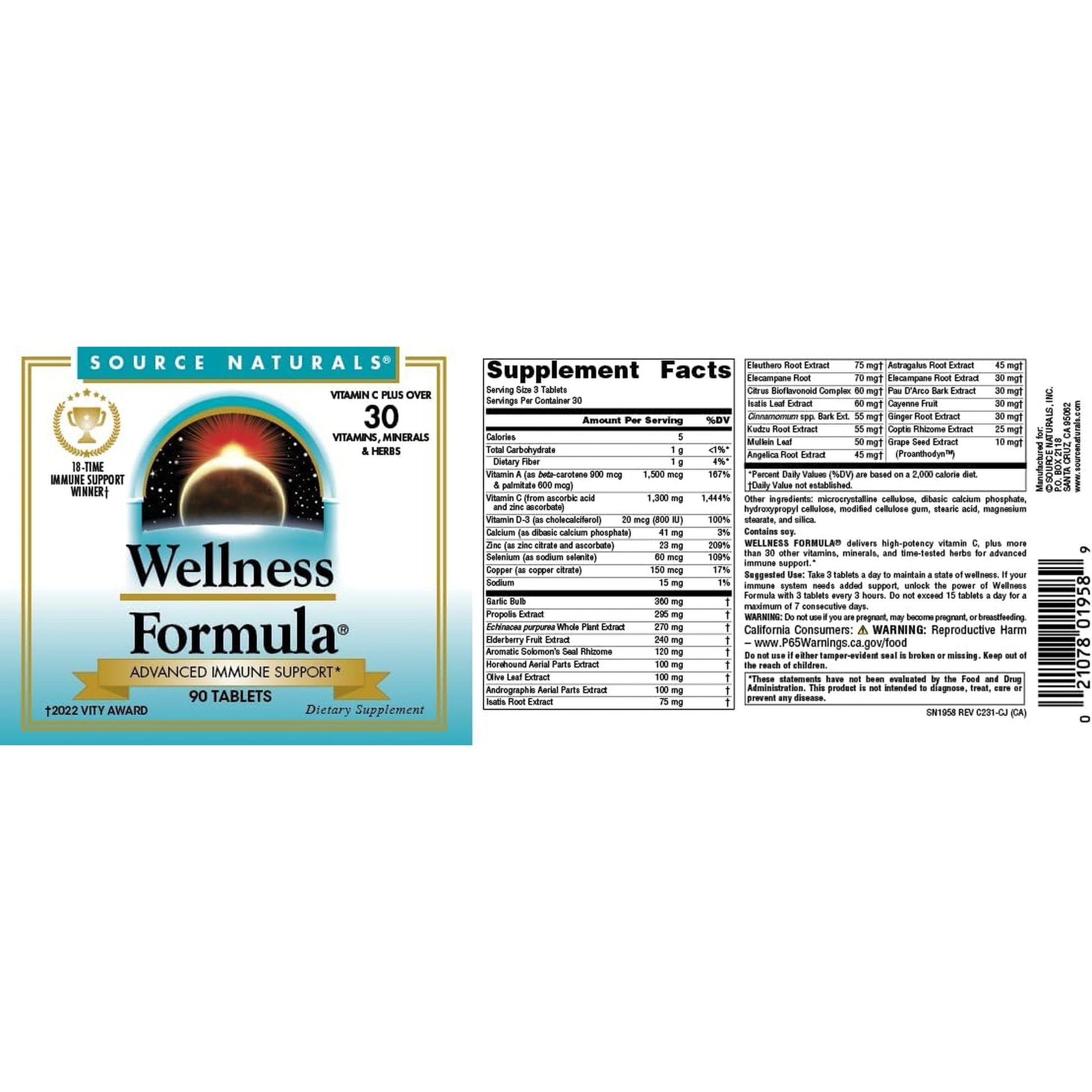 Source Naturals Wellness Formula Bio-Aligned Vitamins & Herbal Defense - Immune System Support Supplement & Immunity Booster* - 90 Tablets